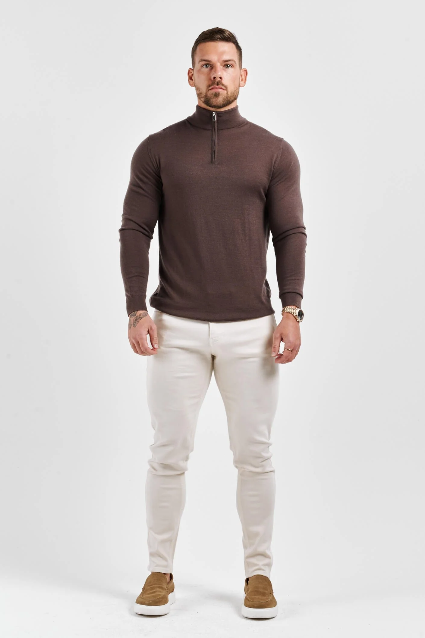 KNIT QUARTER ZIP SWEATER - BROWN - Image 4