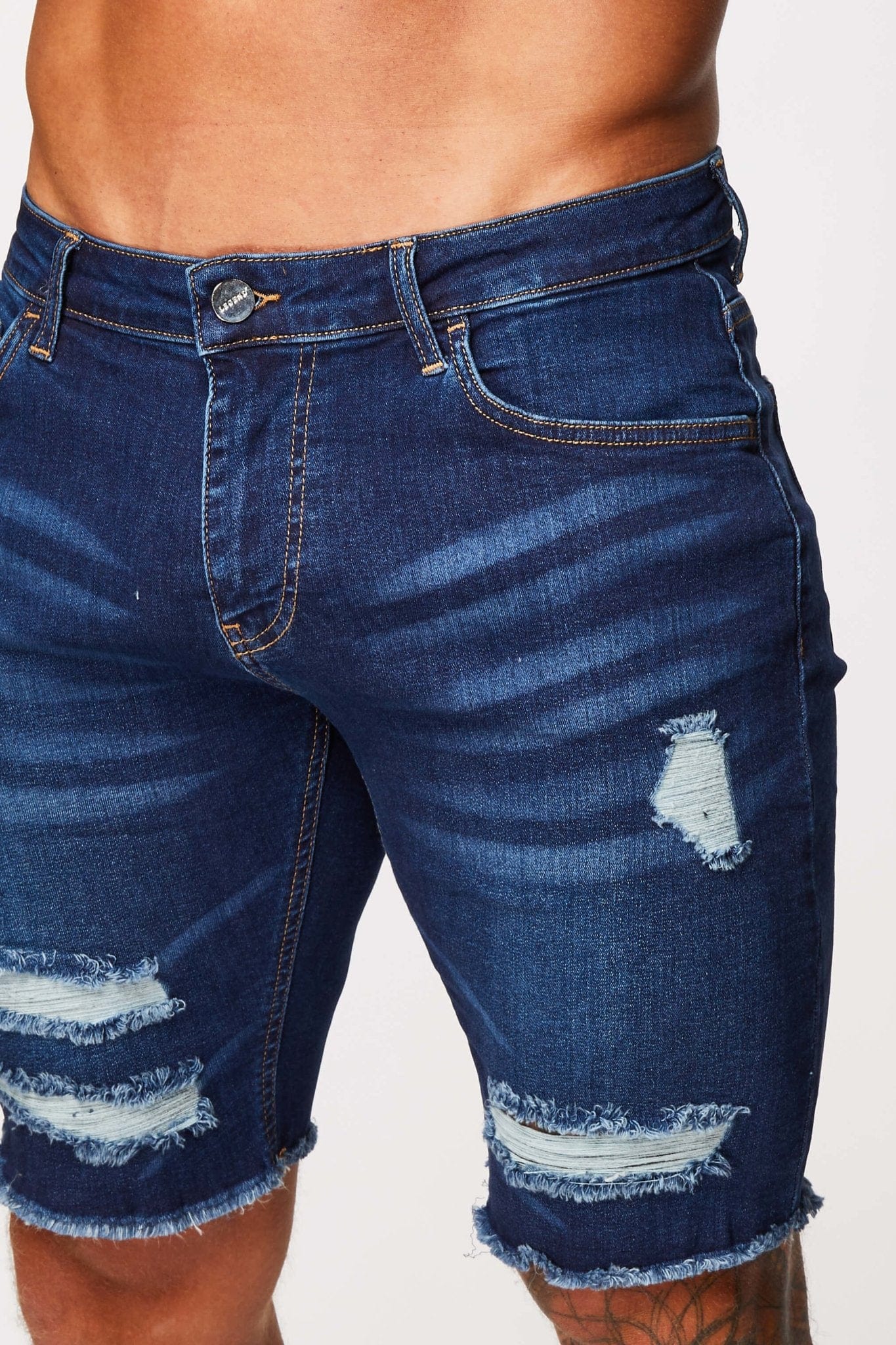 DARK BLUE DENIM SHORTS - RIPPED & REPAIRED - Image 5