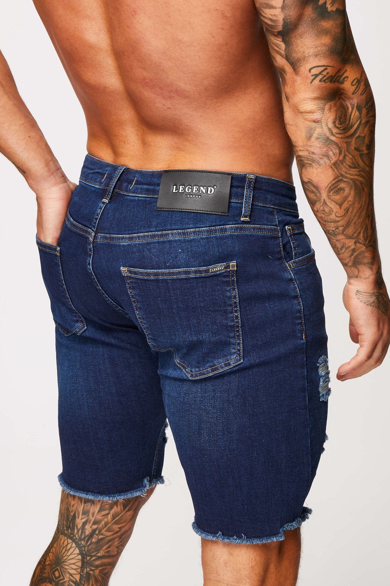 DARK BLUE DENIM SHORTS - RIPPED & REPAIRED - Image 6