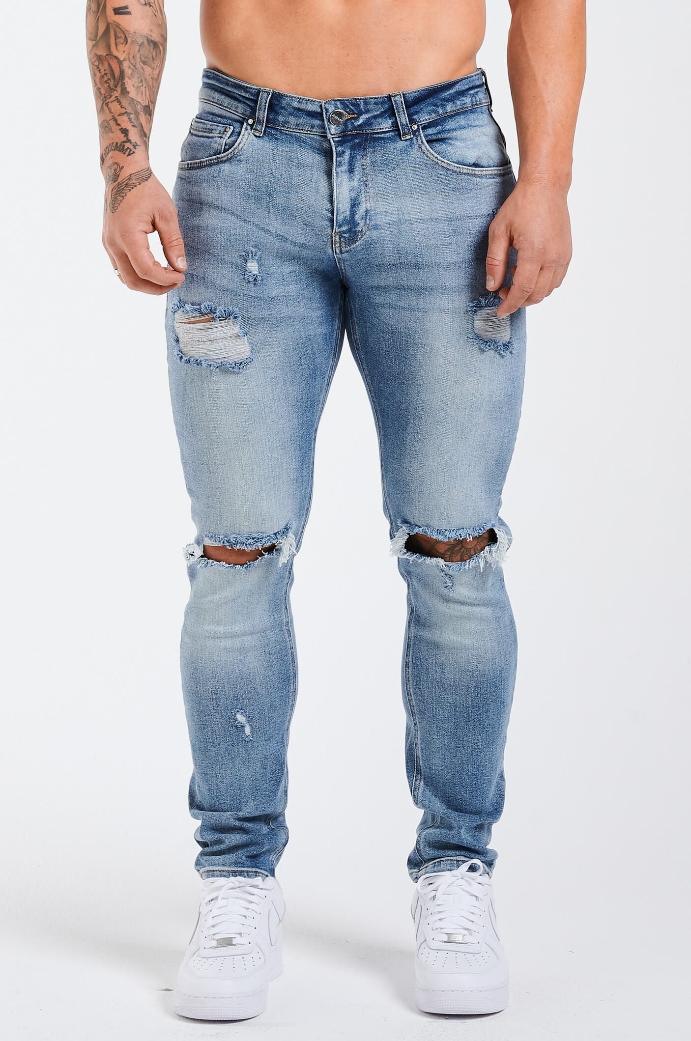 SLIM FIT JEANS 2.0 RIPPED AND REPAIRED - MID BLUE - Image 4